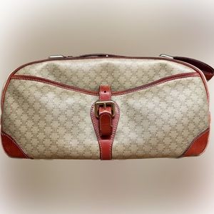 Rare vintage Celine beige Triomphe monogram purse with burgundy red leather trim